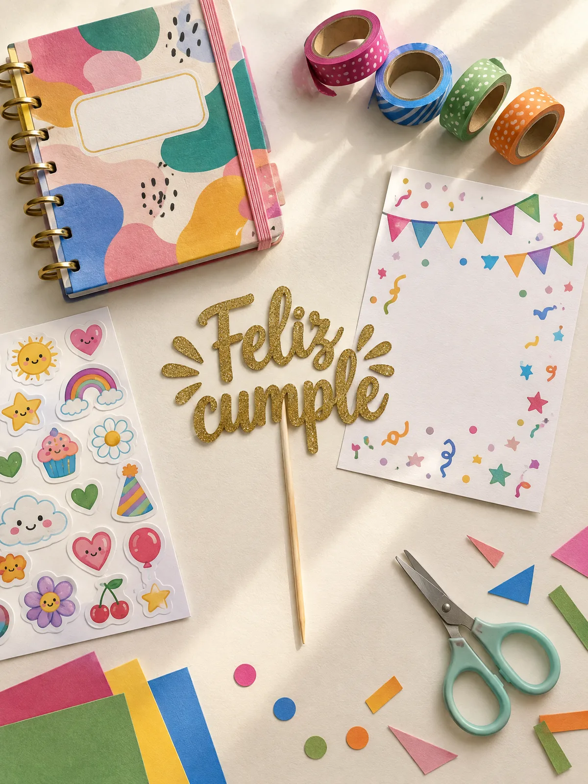 Mesa del taller de Meku Arts con un cake topper dorado que dice Feliz cumple, una agenda de colores, una invitación con banderines, stickers y washi tape